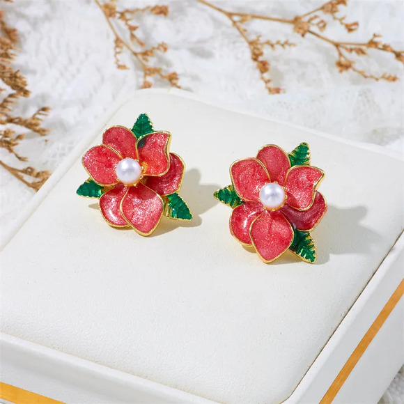 Red Tropical Flower Enamel Earrings - Picture 1 of 3